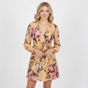Intu Mustard & Floral Rose Belted Dress NWT